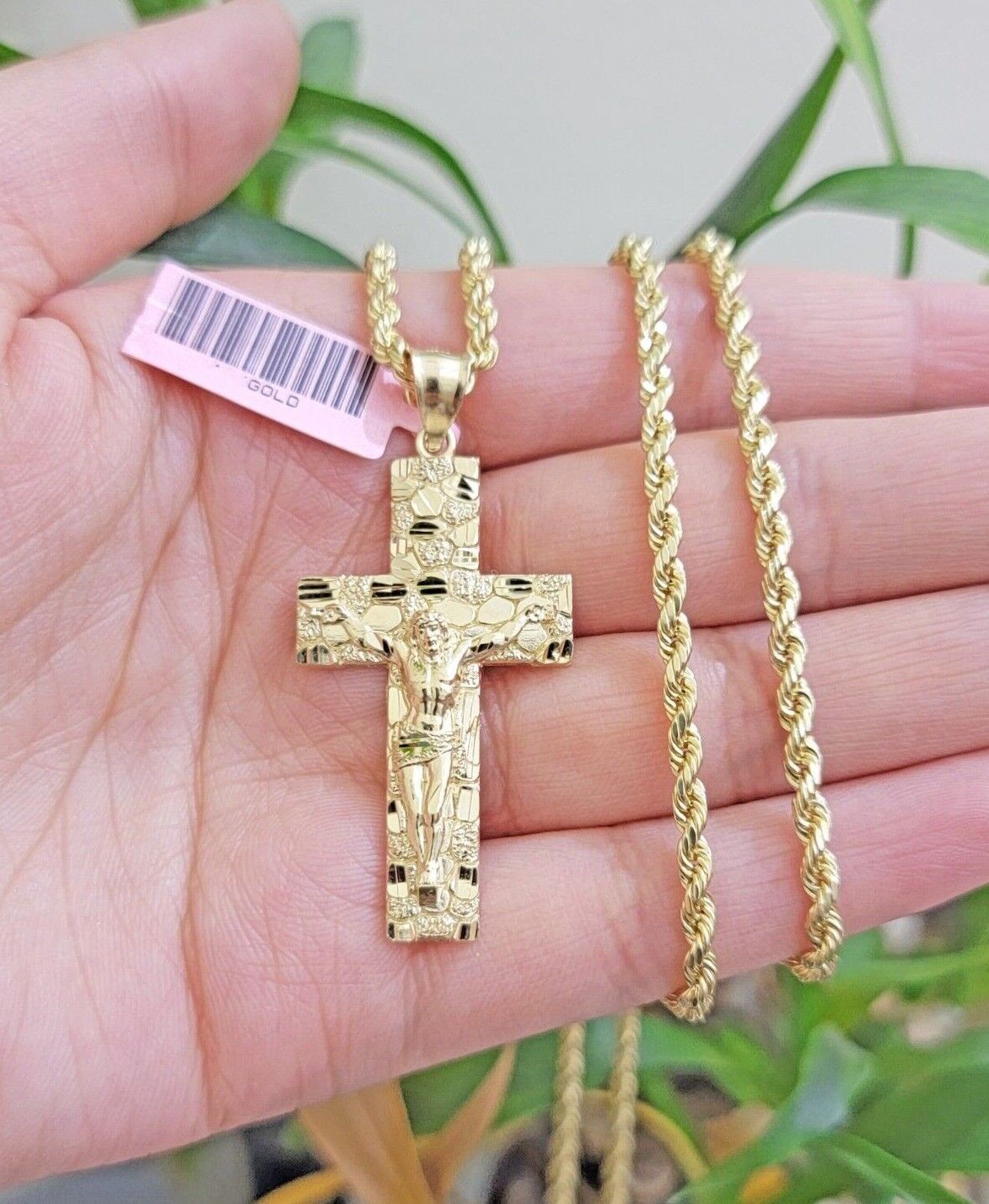 REAL 14k Gold Rope Chain Necklace Nugget Cross Charm Pendant SET 3mm 18 - 26 Inch - GoldenlinQ